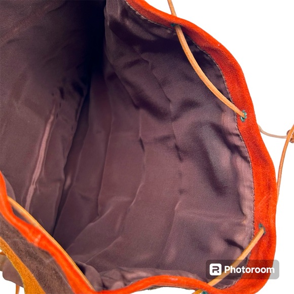 Leather/suede patch drawstring purse with bottom fringe - Picture 4 of 6